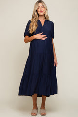 Navy Tiered V-Neck Maternity Midi Dress