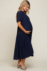 Navy Tiered V-Neck Maternity Midi Dress