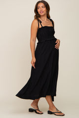 Black Shirred Shoulder Tie Maternity Midi Dress