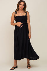 Black Shirred Shoulder Tie Maternity Midi Dress