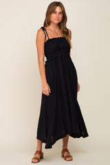 Black Shirred Shoulder Tie Midi Dress