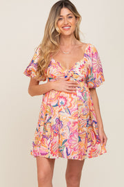 Pink Chiffon Sweetheart Neck Puff Short Sleeve Babydoll Maternity Dress