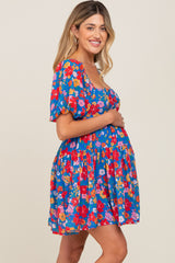 Royal Blue Floral Tiered Maternity Mini Dress