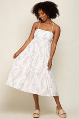 Ivory Floral Square Neck Tiered Midi Dress