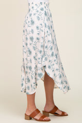 Blue Floral Smocked Waist Round Hem Midi Skirt