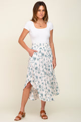 Blue Floral Smocked Waist Round Hem Midi Skirt