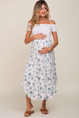 Blue Floral Smocked Waist Round Hem Maternity Midi Skirt