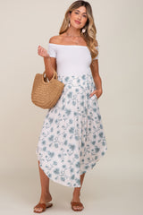 Blue Floral Smocked Waist Round Hem Maternity Midi Skirt