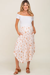 Mocha Floral Smocked Waist Round Hem Maternity Midi Skirt