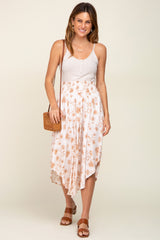 Mocha Floral Smocked Waist Round Hem Maternity Midi Skirt