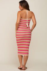 Fuchsia Striped Knit Halter Neck Maternity Midi Dress