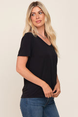 Black V-Neck Front Pocket Short Sleeve Top