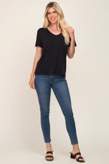 Black V-Neck Front Pocket Short Sleeve Top