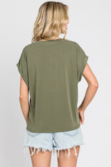 Olive Crew Neck Cuffed Short Sleeve Top