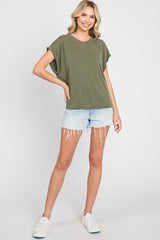 Olive Crew Neck Cuffed Short Sleeve Top