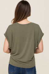 Olive Crew Neck Cuffed Short Sleeve Maternity Top