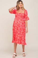 Red Floral Smocked Bell Sleeve Maternity Midi Dress