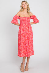 Red Floral Smocked Bell Sleeve Maternity Midi Dress