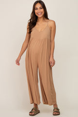 Mocha Sleeveless Cropped Wide Leg Maternity Jumpsuit