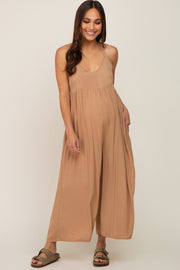 Mocha Sleeveless Cropped Wide Leg Maternity Jumpsuit