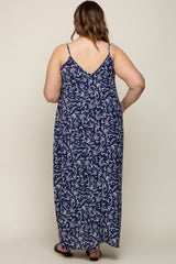 Navy Leaf Print Double V-Neck Maternity Plus Maxi Dress