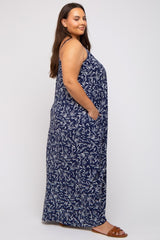 Navy Leaf Print Double V-Neck Plus Maxi Dress