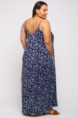 Navy Leaf Print Double V-Neck Plus Maxi Dress