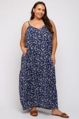 Navy Leaf Print Double V-Neck Maternity Plus Maxi Dress