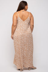 Taupe Leaf Print Double V-Neck Plus Maxi Dress