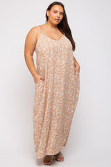 Taupe Leaf Print Double V-Neck Plus Maxi Dress