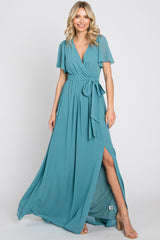 Turquoise Chiffon Short Sleeve Wrap V-Neck Front Slit Maternity Maxi Dress