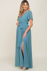 Turquoise Chiffon Short Sleeve Wrap V-Neck Front Slit Maternity Maxi Dress