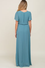 Turquoise Chiffon Short Sleeve Wrap V-Neck Front Slit Maternity Maxi Dress