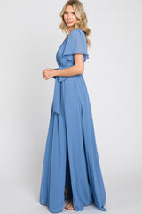 Blue Chiffon Short Sleeve Wrap V-Neck Front Slit Maxi Dress