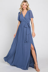 Navy Blue Chiffon Short Sleeve Wrap V-Neck Front Slit Maternity Maxi Dress