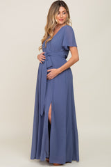 Navy Blue Chiffon Short Sleeve Wrap V-Neck Front Slit Maternity Maxi Dress