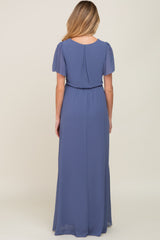 Navy Blue Chiffon Short Sleeve Wrap V-Neck Front Slit Maternity Maxi Dress