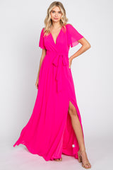 Fuchsia Chiffon Short Sleeve Wrap V-Neck Front Slit Maxi Dress