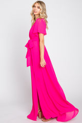 Fuchsia Chiffon Short Sleeve Wrap V-Neck Front Slit Maxi Dress