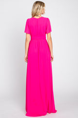 Fuchsia Chiffon Short Sleeve Wrap V-Neck Front Slit Maxi Dress