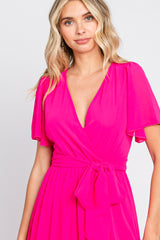 Fuchsia Chiffon Short Sleeve Wrap V-Neck Front Slit Maxi Dress