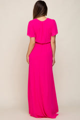 Fuchsia Chiffon Short Sleeve Wrap V-Neck Front Slit Maternity Maxi Dress