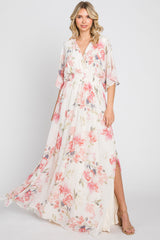 Pink Floral Chiffon Double V-Neck Smocked Waist Front Slit Maxi Dress