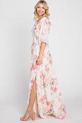 Pink Floral Chiffon Double V-Neck Smocked Waist Front Slit Maxi Dress