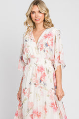 Pink Floral Chiffon Double V-Neck Smocked Waist Front Slit Maxi Dress