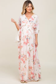 Pink Floral Chiffon Double V-Neck Smocked Waist Front Slit Maternity Maxi Dress