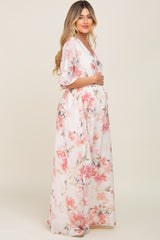 Pink Floral Chiffon Double V-Neck Smocked Waist Front Slit Maternity Maxi Dress