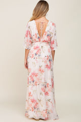 Pink Floral Chiffon Double V-Neck Smocked Waist Front Slit Maternity Maxi Dress