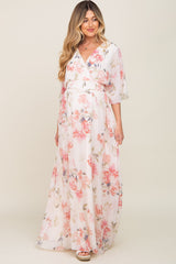 Pink Floral Chiffon Double V-Neck Smocked Waist Front Slit Maternity Maxi Dress