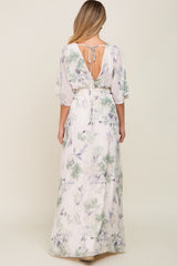 Mint Green Floral Chiffon Double V-Neck Smocked Waist Front Slit Maternity Maxi Dress